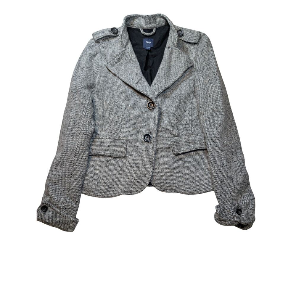 GAP Gray Tweed Juniors Sz L Blazer Jacket Pink Contrast Stitch 4 Big Button